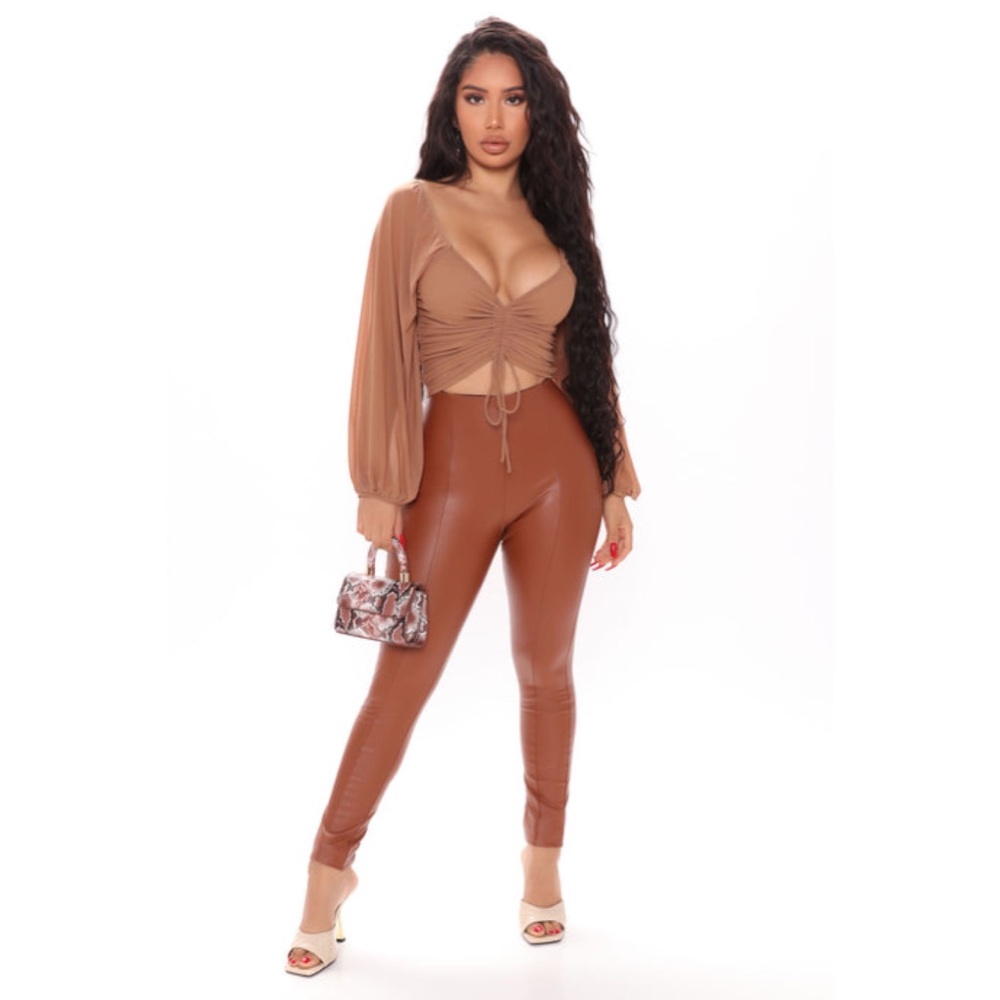 NWT Mesh Drawstring Tan Ruched Top - Picture 9 of 9